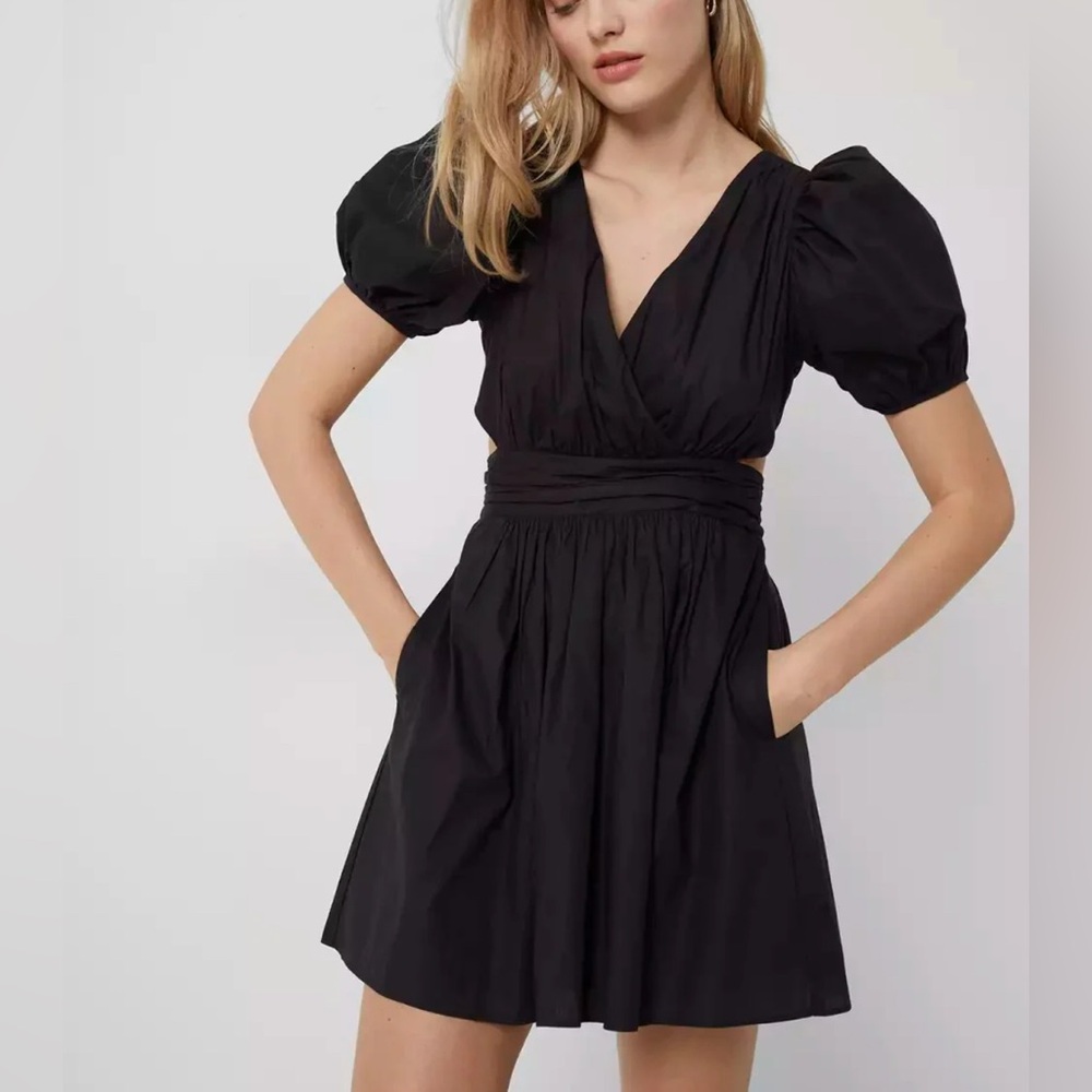 French Connection Rhodes Poplin  Black Puff Sleeve Mini Dress Small
